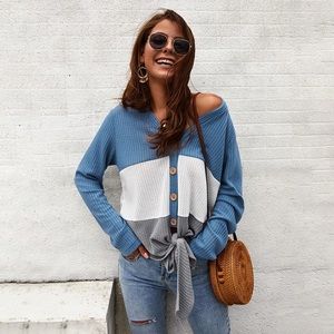 LAST ONE! Boutique Color Block Waffle Blue Tie Top